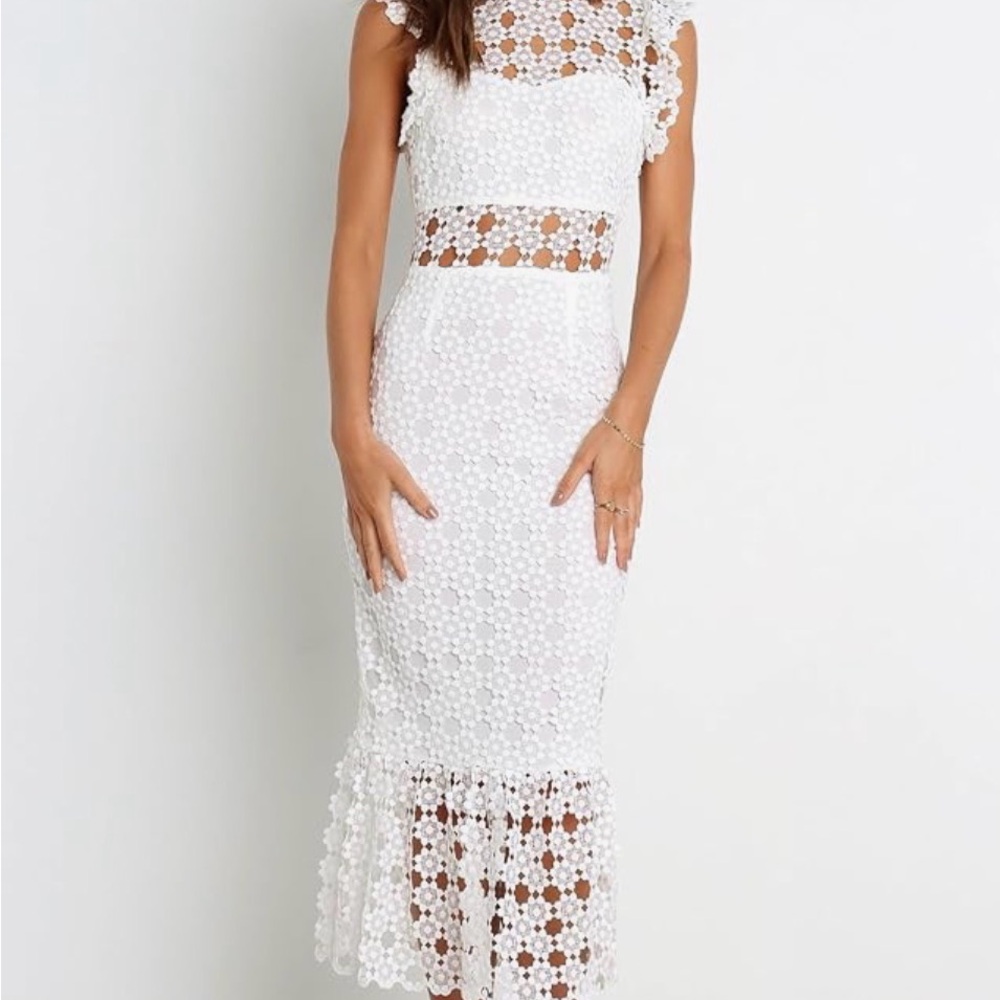 White Floral Lace Midi Dress with Ruffled Hem - Picture 2 of 4